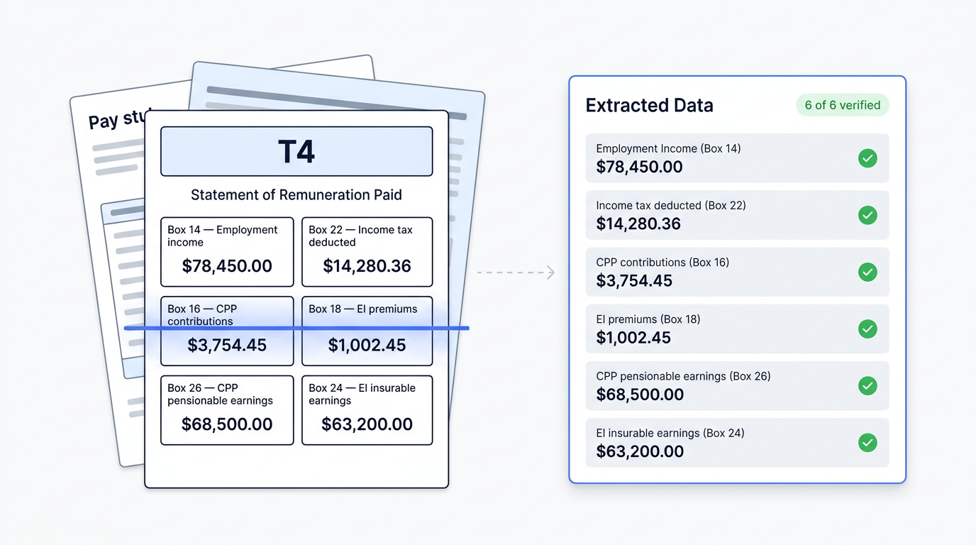 T4 document data extracted into structured fields with verification checkmarks