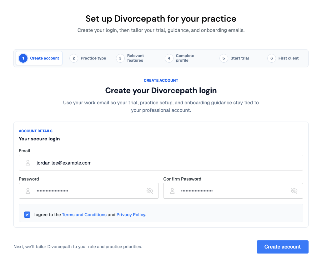 The Create account step of the Set up Divorcepath for your practice form, with email, password, confirm password and the terms checkbox completed
