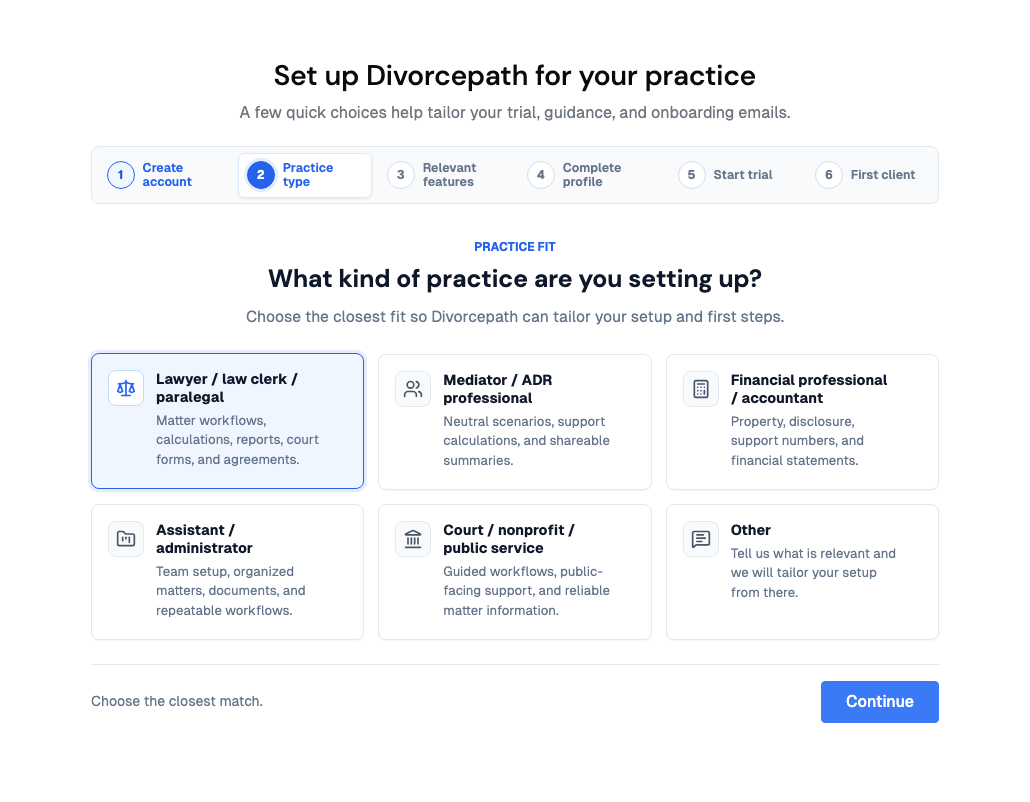 The Practice type step asking What kind of practice are you setting up, with Lawyer / law clerk / paralegal selected
