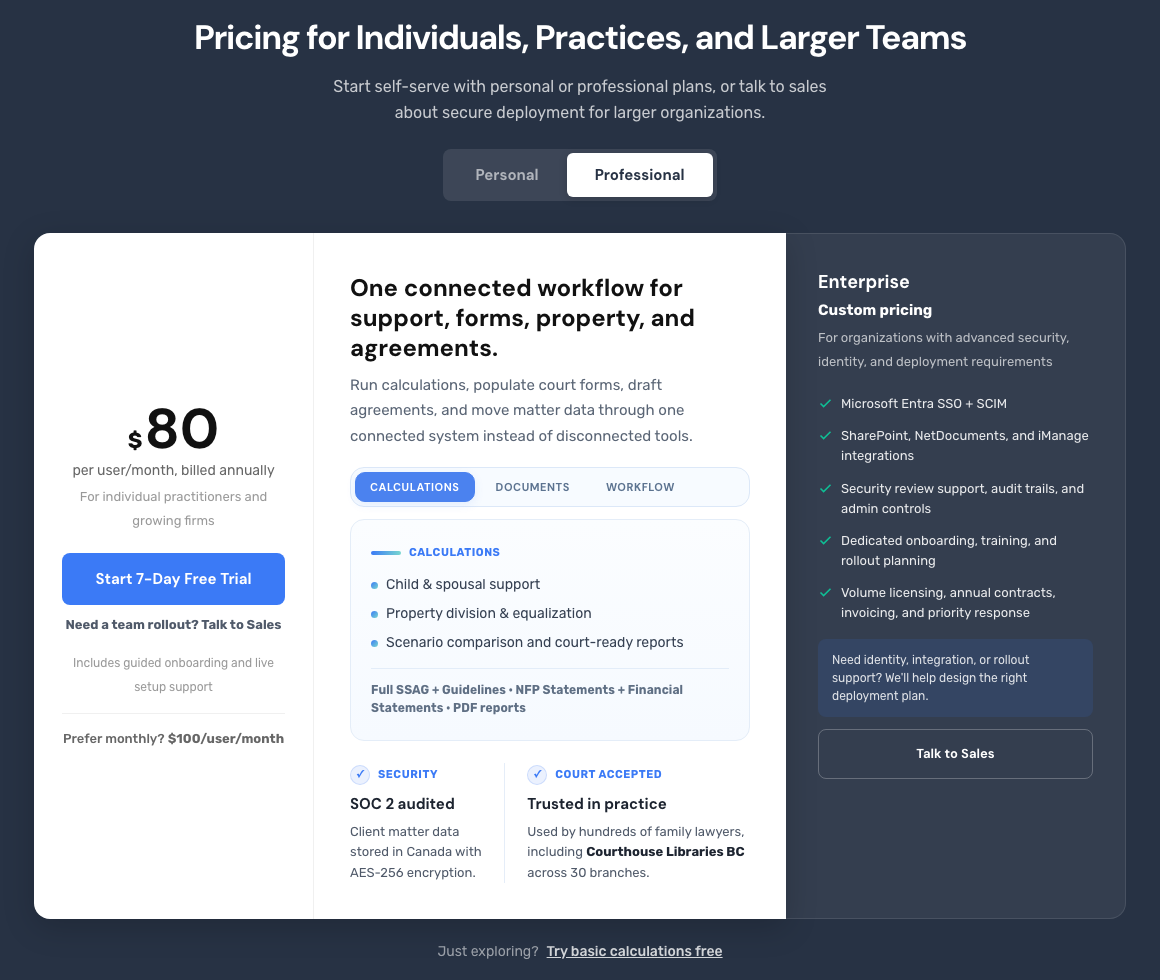 Divorcepath pricing page with the Professional tab selected, showing the per-user Professional price, the Start 7-Day Free Trial button, and the Enterprise Talk to Sales option