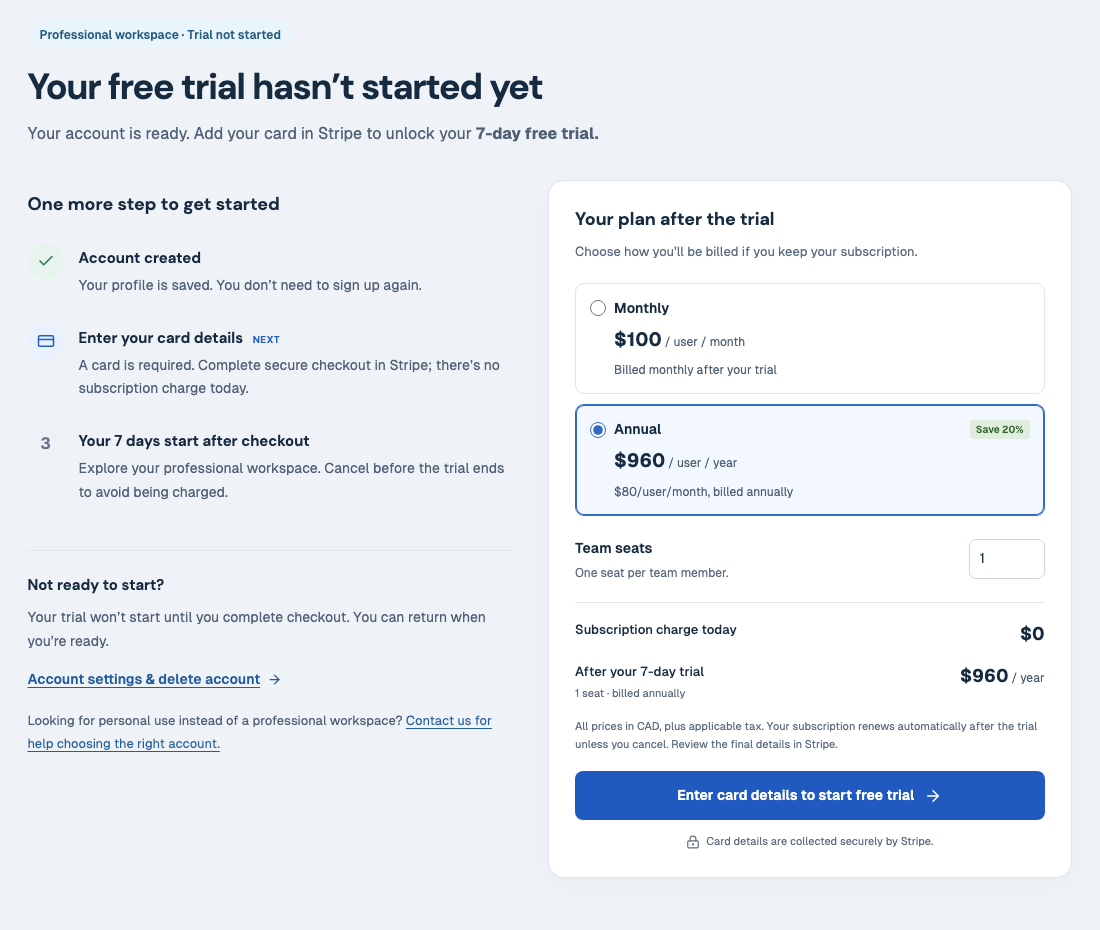 The trial setup page showing the steps to get started, the billing cadence and team seat choices, a $0 subscription charge today, and the Enter card details to start free trial button