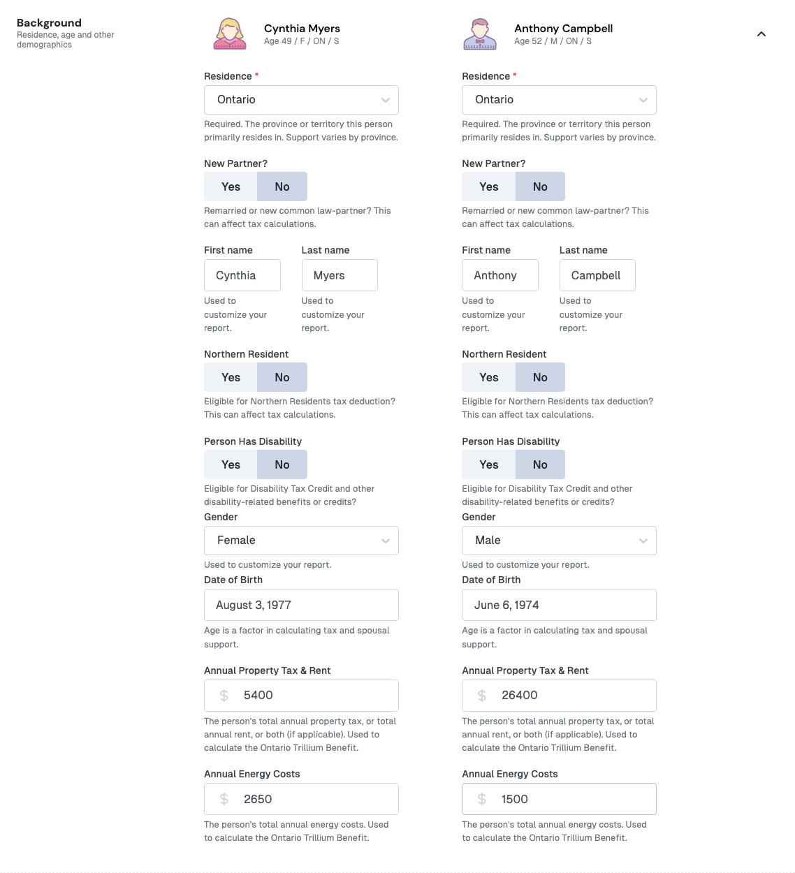Background section expanded for Cynthia Myers and Anthony Campbell, showing residence Ontario, new partner, northern resident, disability, gender, date of birth, annual property tax and rent, and annual energy costs