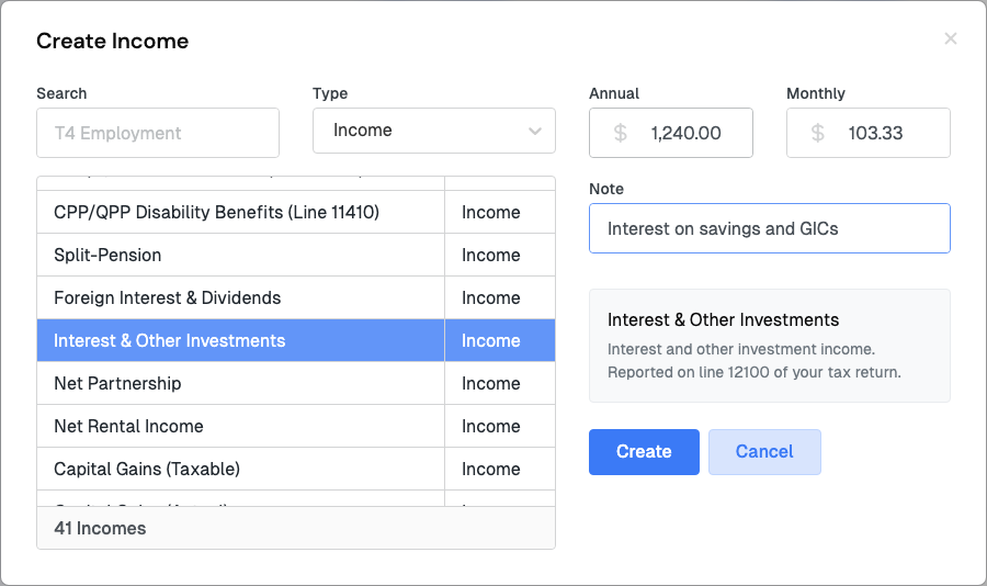 Create Income dialog with Interest and Other Investments selected, an annual amount of $1,240.00, a monthly amount of $103.33 and a note