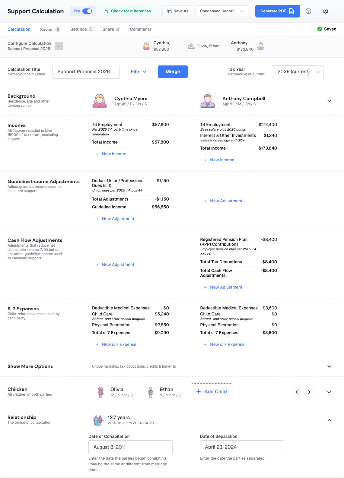 Configure Calculation panel for the Support Proposal 2026 calculation, showing the Background, Income, Guideline Income Adjustments, Cash Flow Adjustments, S. 7 Expenses, Show More Options, Children and Relationship sections