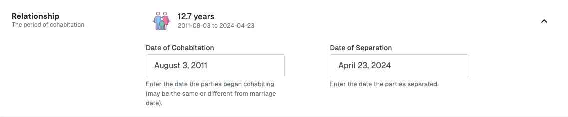 Relationship section showing a 12.7-year relationship, with a date of cohabitation of August 3, 2011 and a date of separation of April 23, 2024
