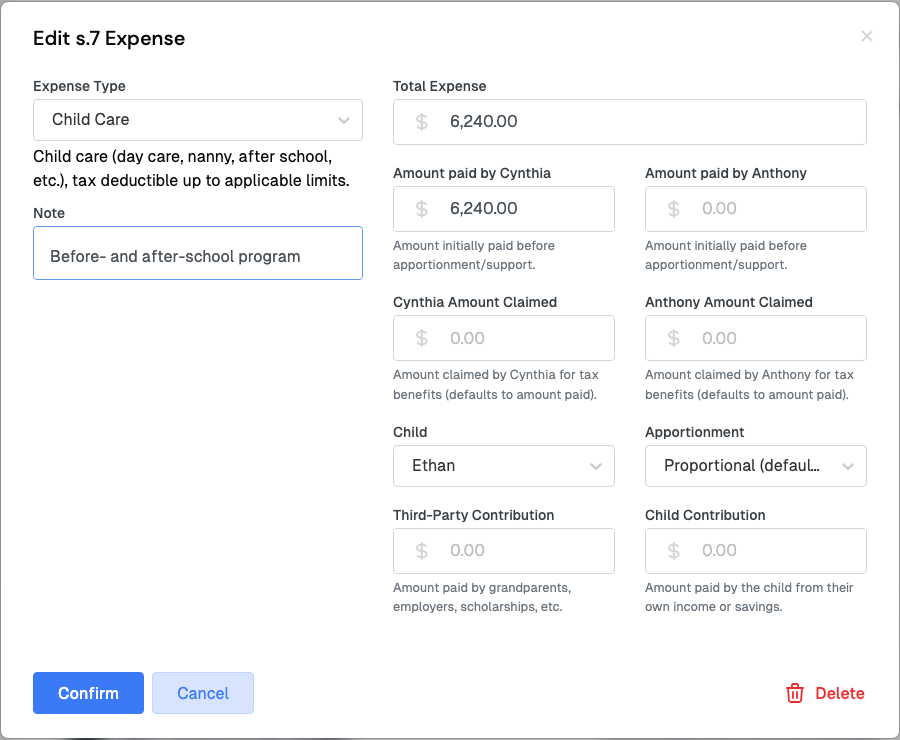 Edit s.7 Expense dialog for a $6,240 child care expense for Ethan, paid by Cynthia, with proportional apportionment