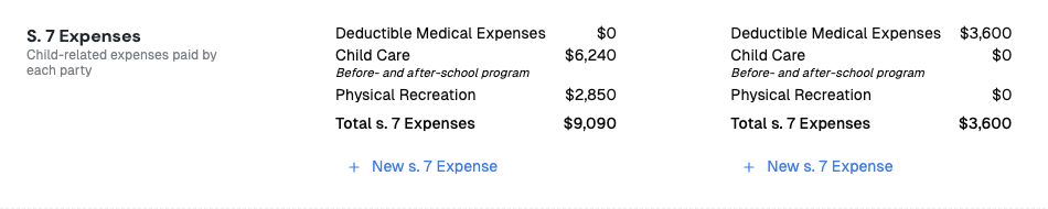 S. 7 Expenses section showing Cynthia paid $6,240 of child care and $2,850 of physical recreation, totalling $9,090, and Anthony paid $3,600 of deductible medical expenses