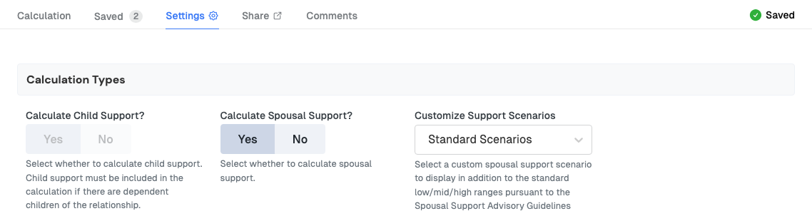 Settings tab showing Calculation Types: Calculate Child Support, Calculate Spousal Support set to Yes, and Customize Support Scenarios set to Standard Scenarios