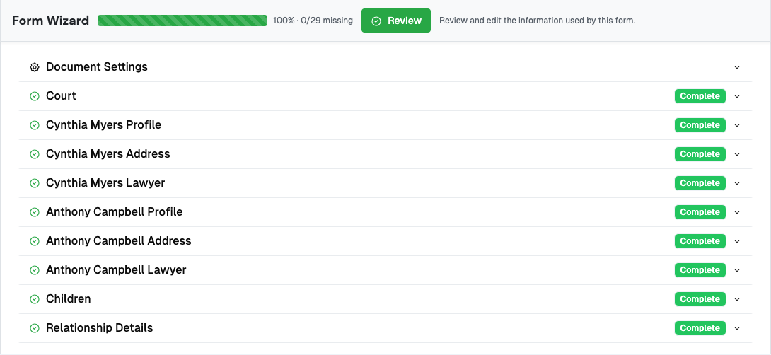 The Form Wizard for Form 8 at 100 percent, with Document Settings, Court, each party's profile, address and lawyer, Children and Relationship Details all marked Complete