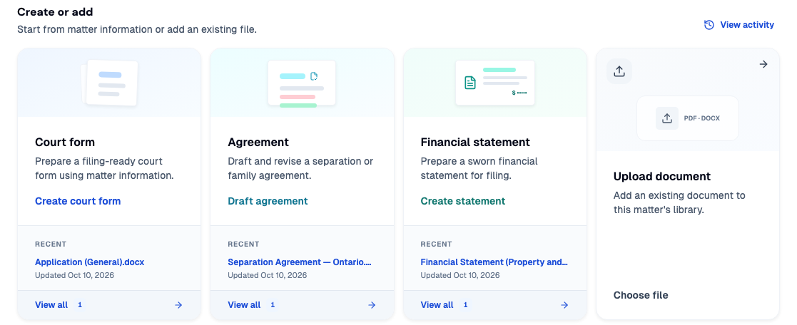 The Create or add cards on the Documents & Forms page: Court form with a Create court form link, Agreement, Financial statement and Upload document, each listing the most recent document
