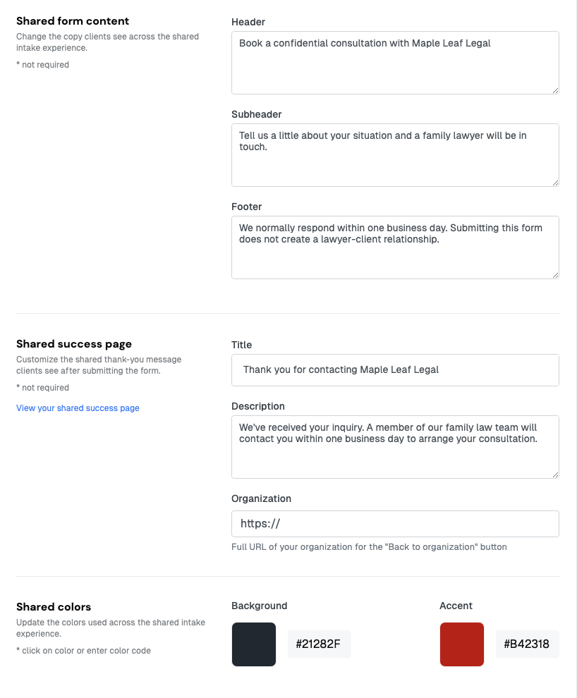 Shared form content, success page and color settings for the Maple Leaf Legal intake form