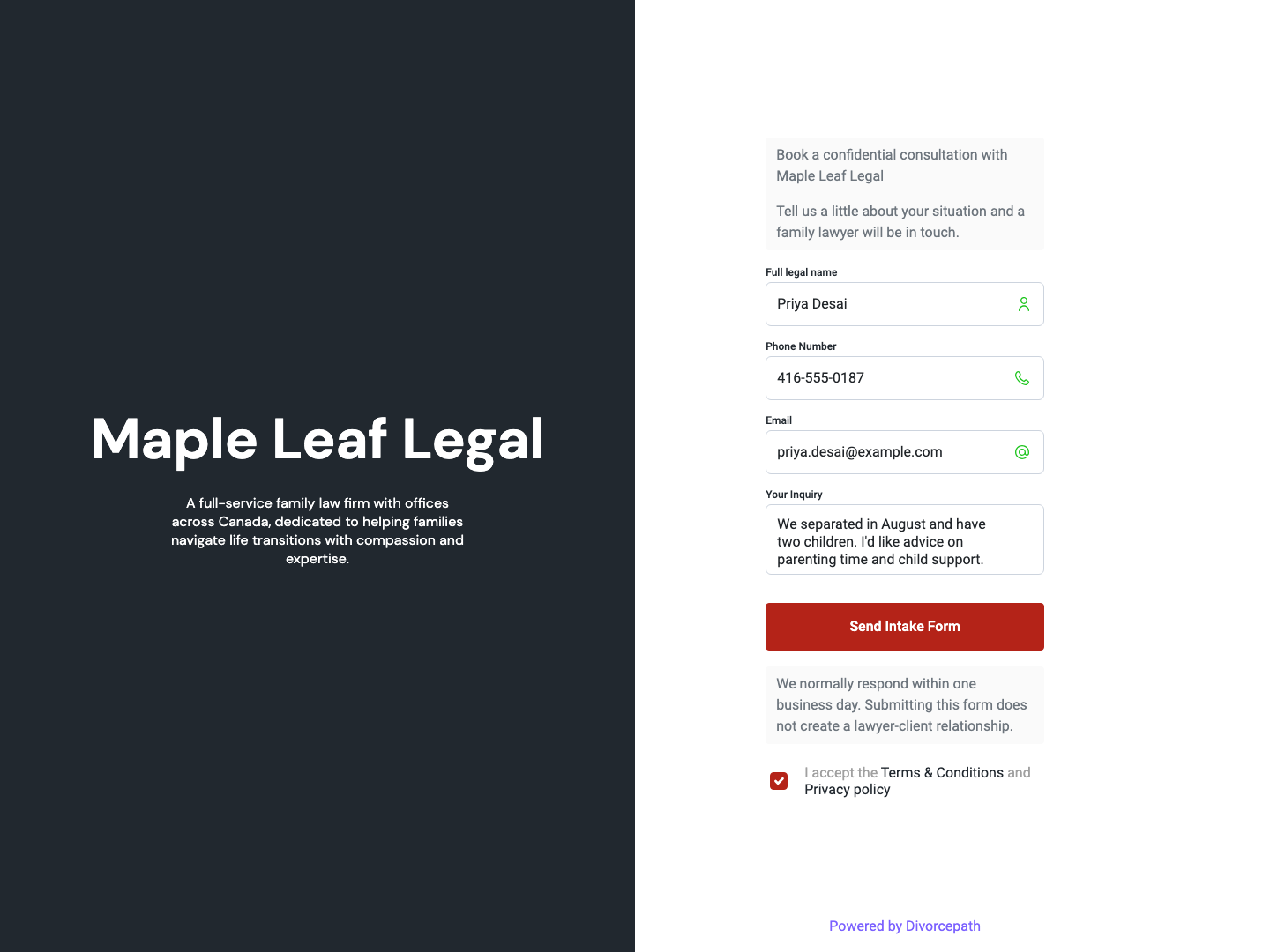 The Maple Leaf Legal public intake form filled in with a prospective client's name, phone, email and inquiry