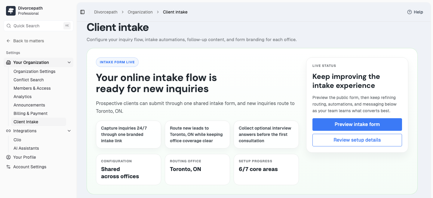 The Client intake settings page for Maple Leaf Legal showing the intake form is live, shared across offices and routed to Toronto, ON