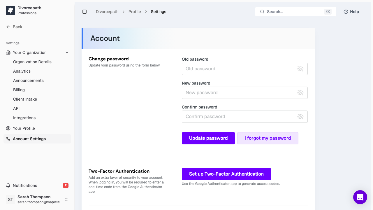 The Account Settings page with the Two-Factor Authentication setup option