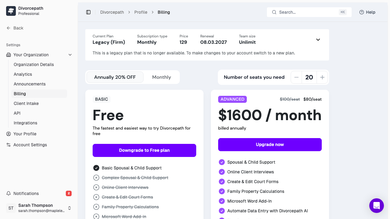 The Billing page where you manage your subscription and payment details
