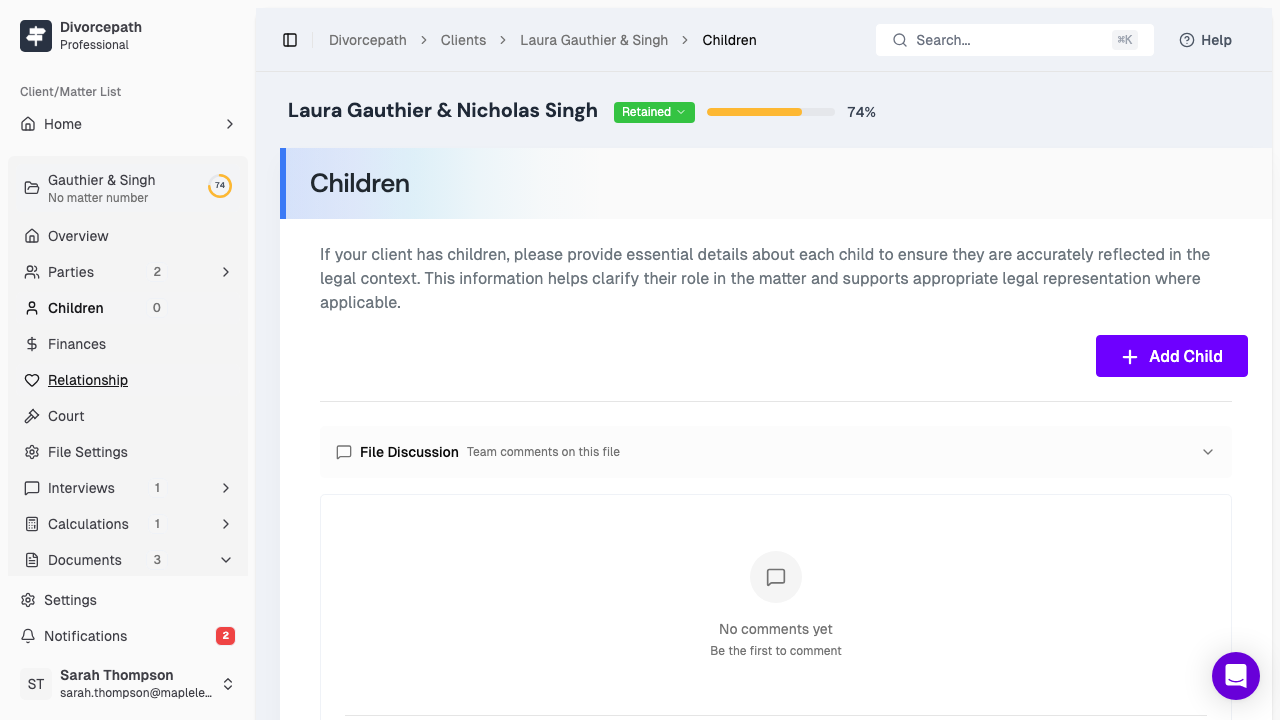 The Children tab for entering child information