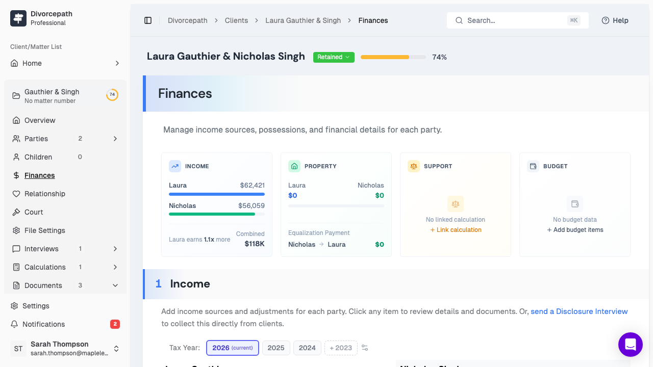 The Finances tab showing income sources, expenses, assets, and liabilities