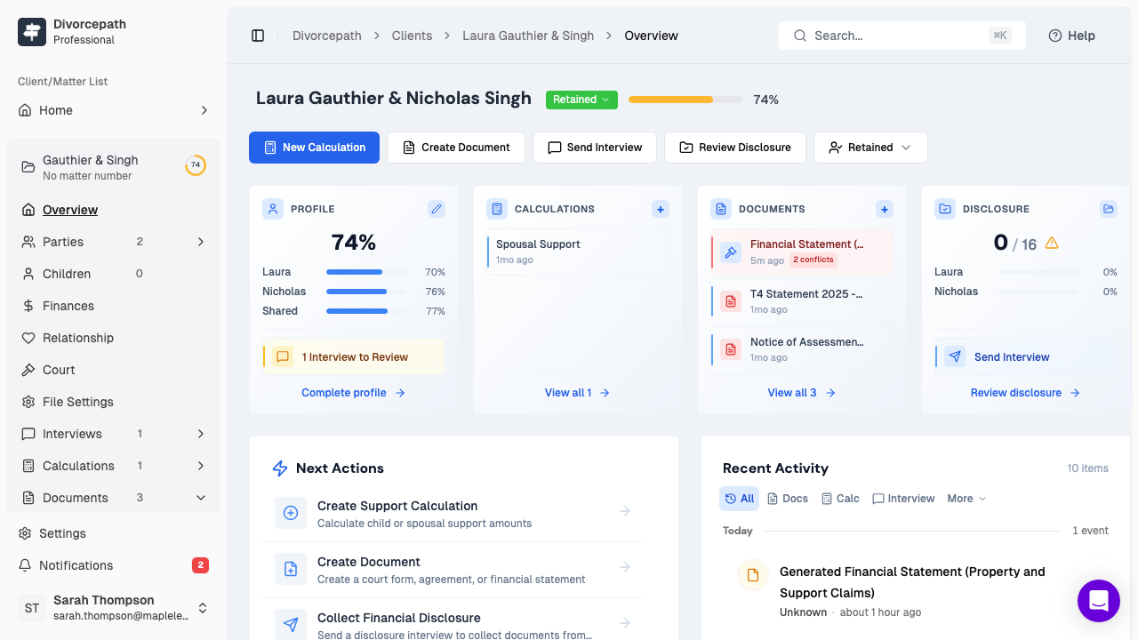 A client file overview showing profile completion, documents, and recent activity