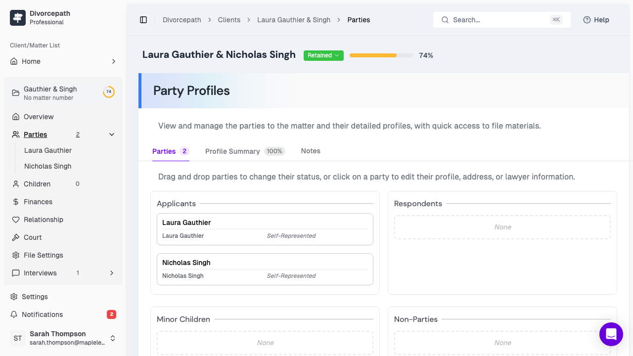 The Parties tab where you enter information about each party