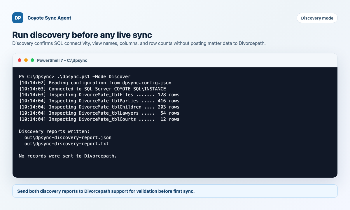 PowerShell discovery output showing Coyote table row counts and report file locations
