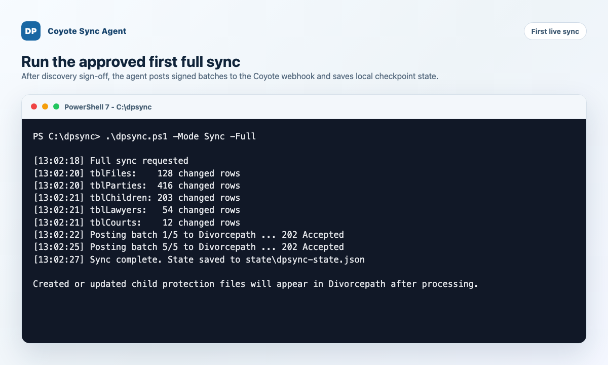 PowerShell first full sync output showing changed rows, accepted batches, and saved state