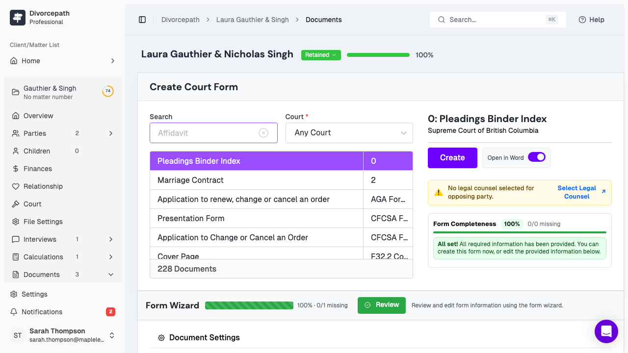 Creating a financial statement court form with the form wizard