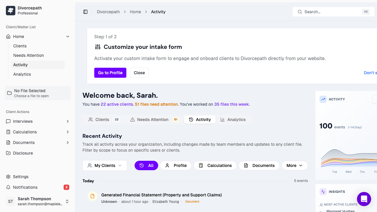 The Activity tab showing recent actions across your files