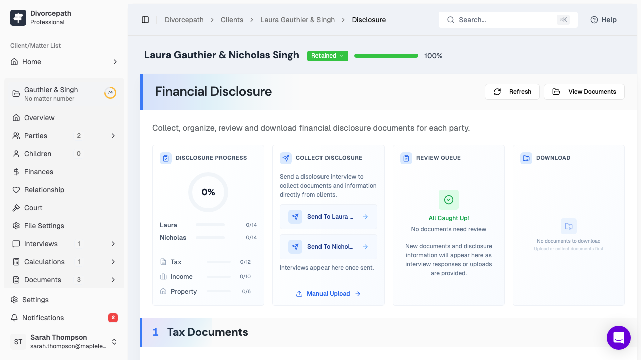 The Financial Disclosure tab showing disclosure folder setup and quick actions