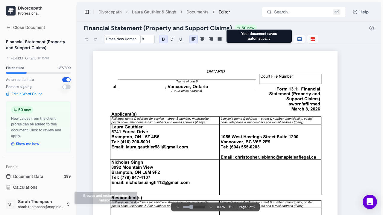 The document editor showing the formatting toolbar and editable document canvas