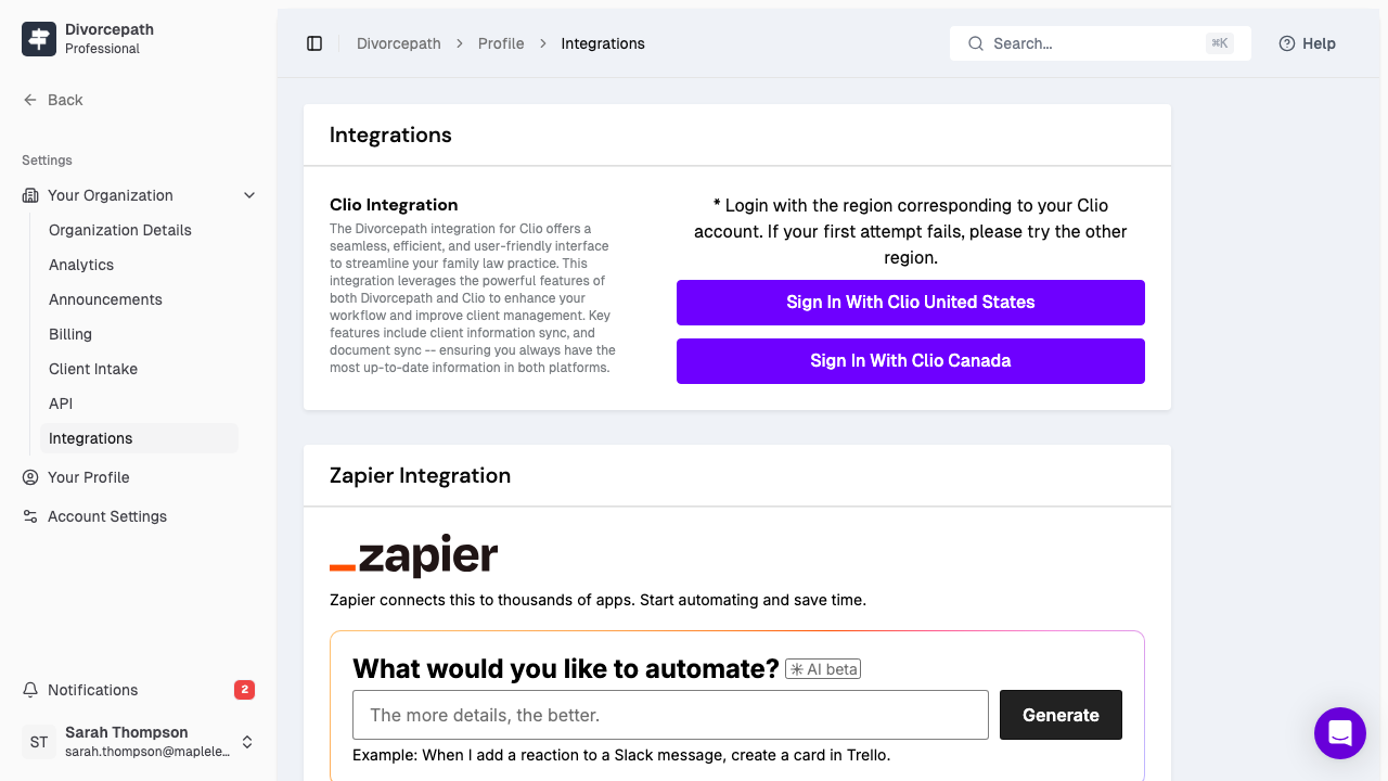 The Integrations page showing available third-party connections