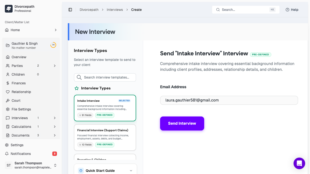 The interview creation page showing available templates