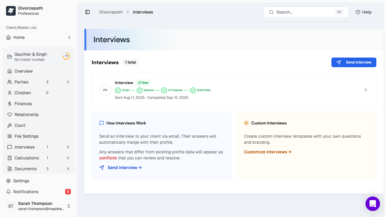 The Interviews tab showing interview status and progress pipeline