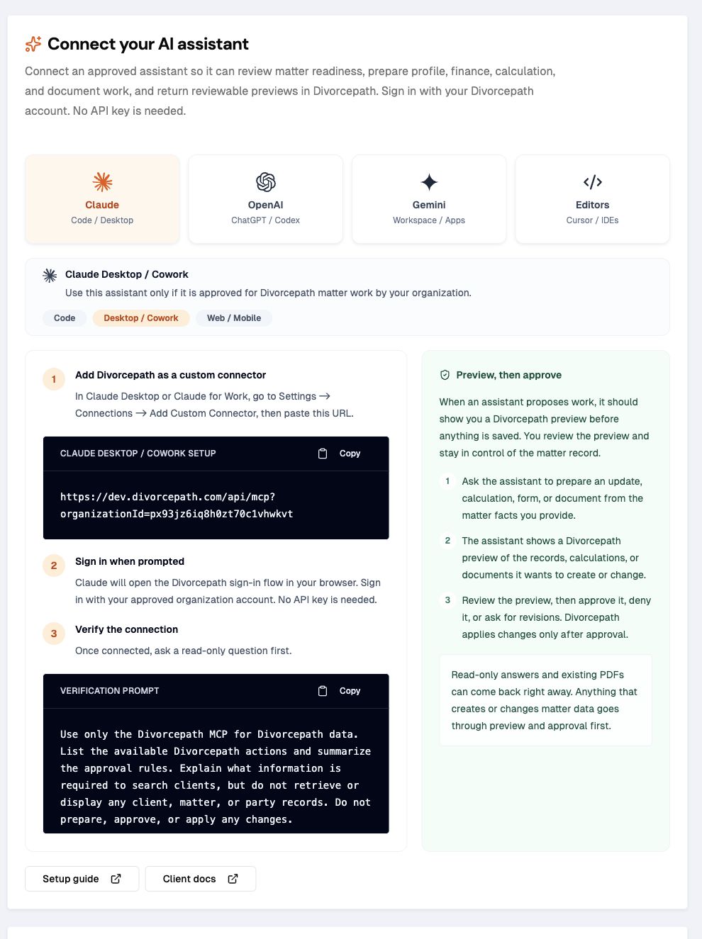 Divorcepath AI Assistants setup page with Claude Desktop selected