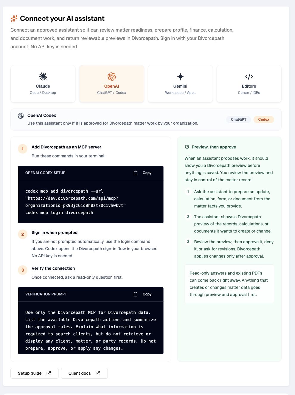 Divorcepath AI Assistants setup page with Codex Desktop selected