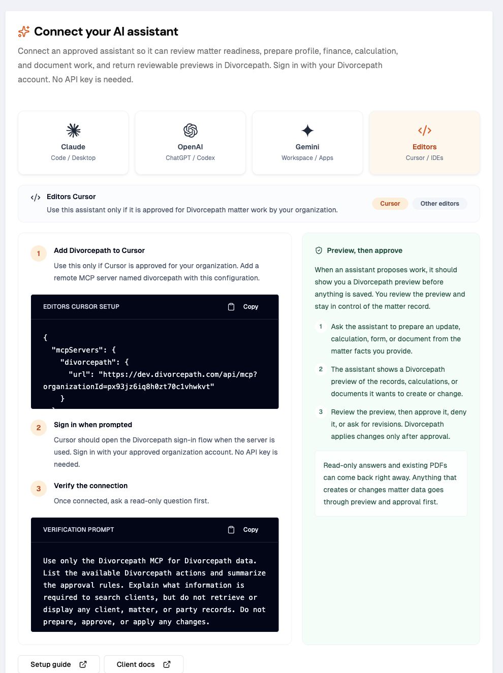 Divorcepath AI Assistants setup page with Cursor selected