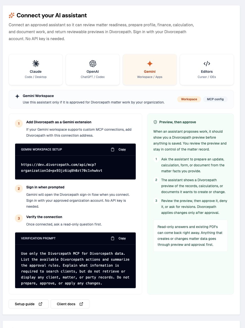 Divorcepath AI Assistants setup page with Gemini selected
