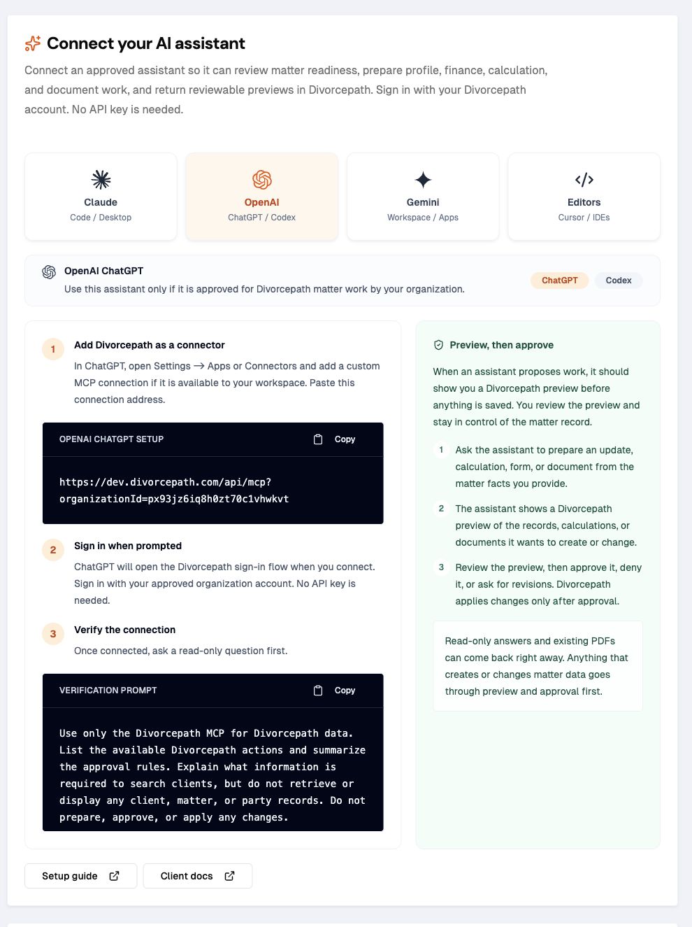 Divorcepath AI Assistants setup page with ChatGPT and OpenAI selected