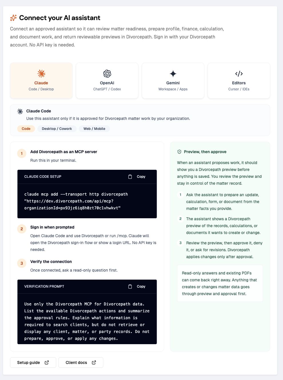 Divorcepath AI Assistants integration page showing approved assistants and review-before-apply safeguards