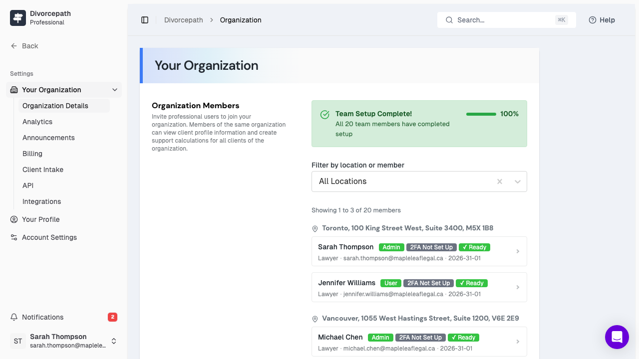 Organization management showing team members, roles, and office settings