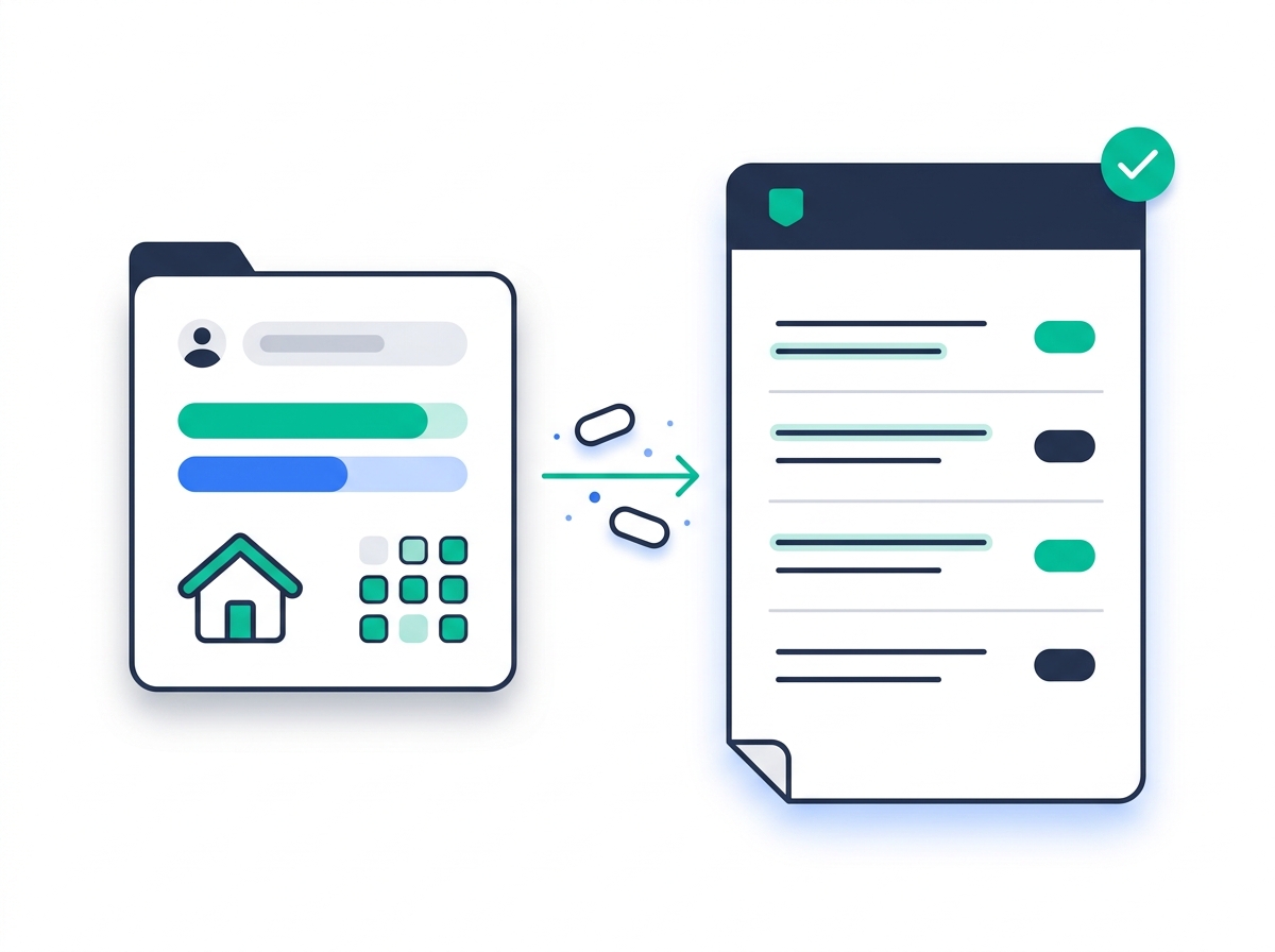 Live case data on the left — party, support amounts, matrimonial home, parenting calendar — flowing through a teal arrow into a Canadian court form silhouette on the right with auto-populated rows and subtotal pills.