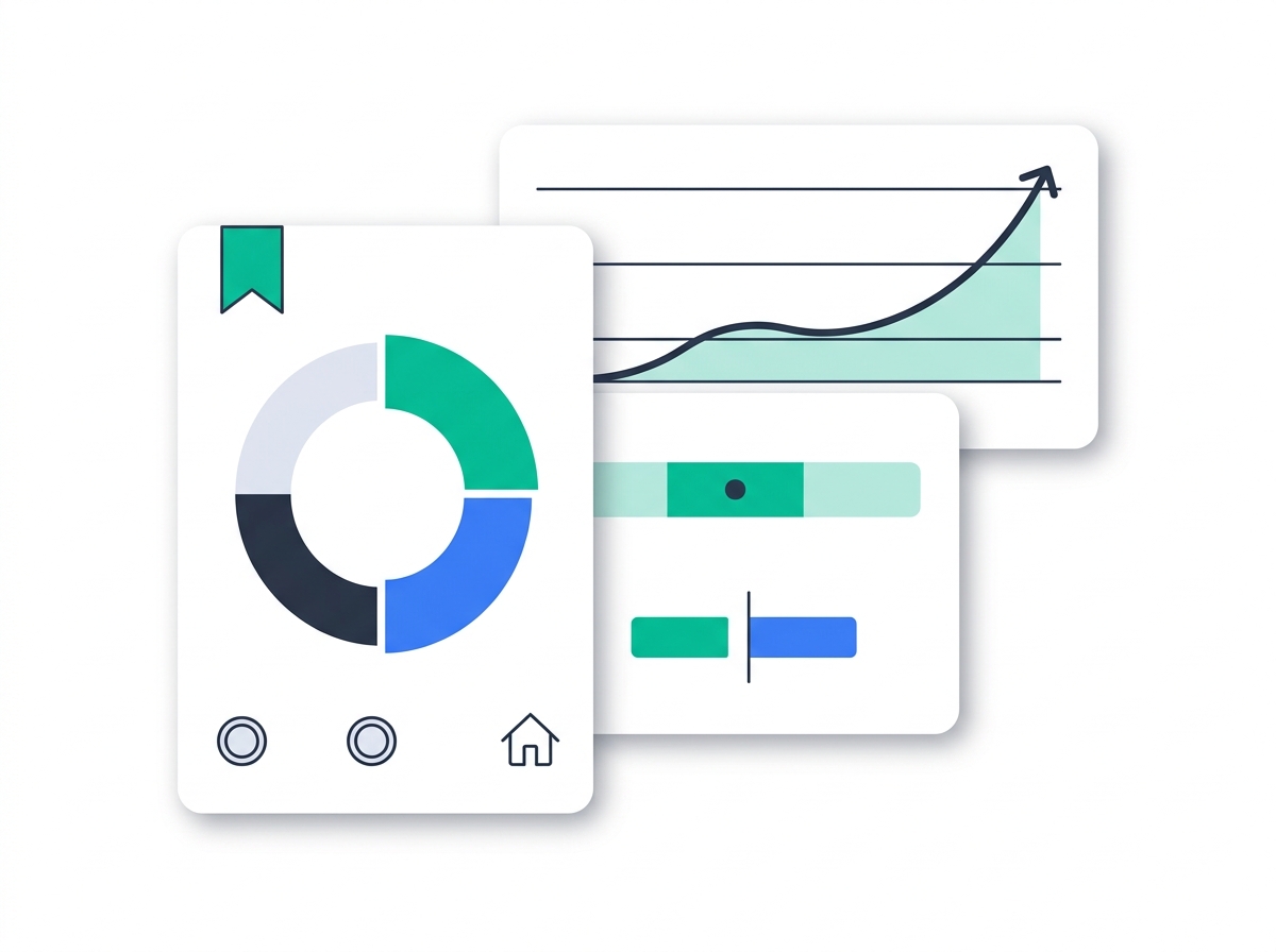Layered financial-modelling cards: a property-division donut split into four segments, a SSAG range bar with a marker dot above paired support bars, and a scenario curve trending upward.