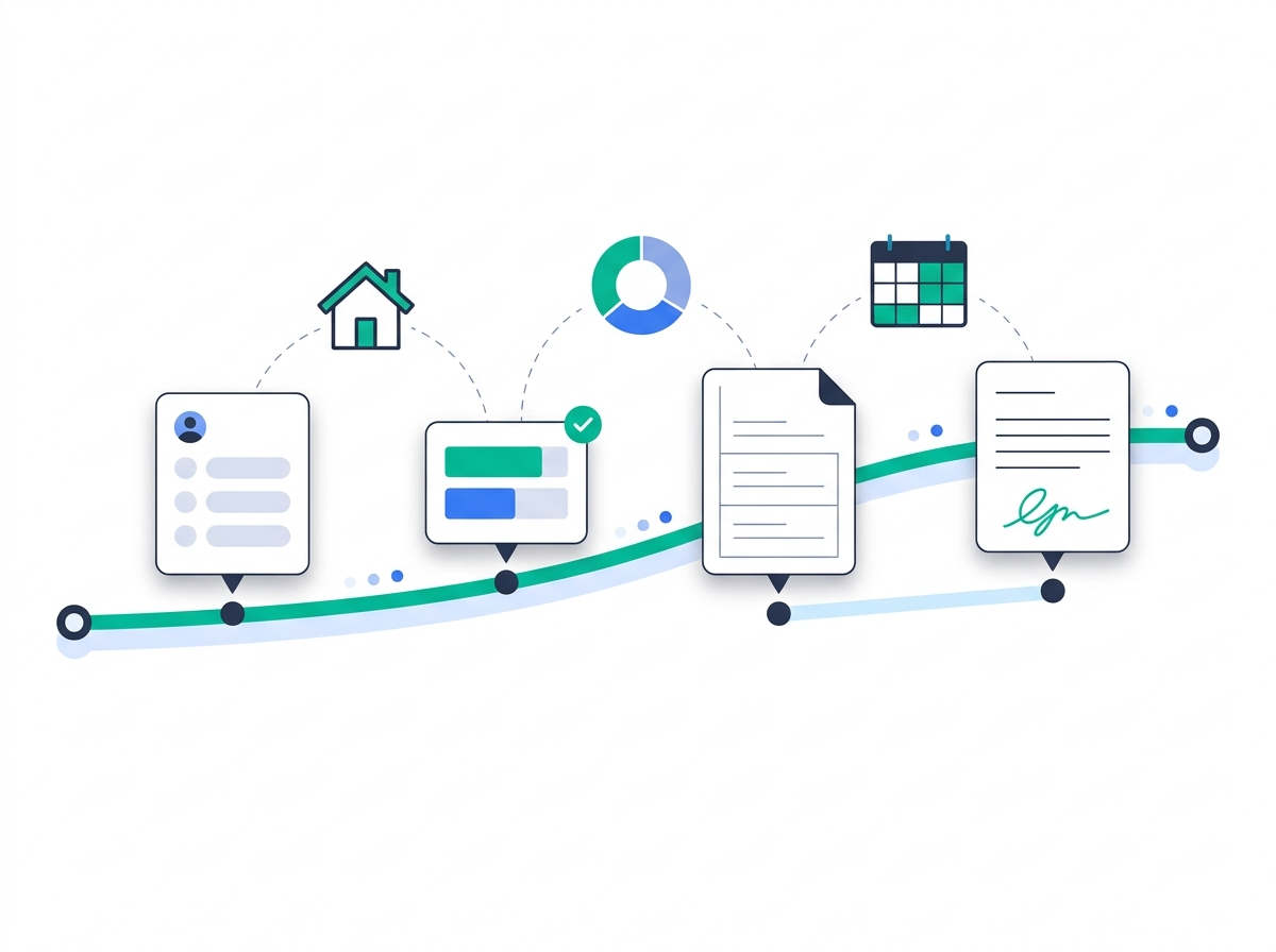 A workflow rail carrying four stages of a family-law file — intake, support calculation, financial disclosure, and signed agreement — with matrimonial home, equalization, and parenting-time themes threading across them.