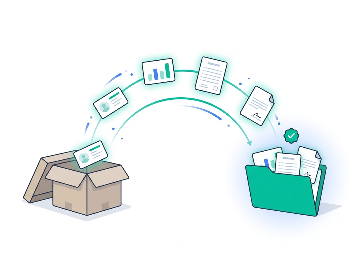 Migration illustration: client profiles, calculations, court forms, and agreements moving from a legacy storage box into a Divorcepath client folder.