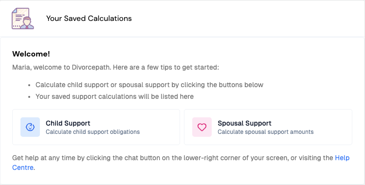 Home page with Child Support and Spousal Support buttons
